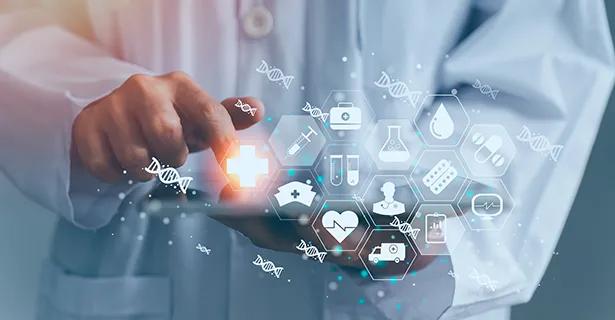 Doctor touching a screen with symbols coming out of it