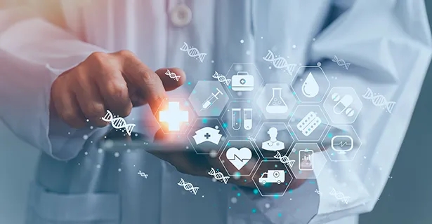 Doctor touching a screen with symbols coming out of it